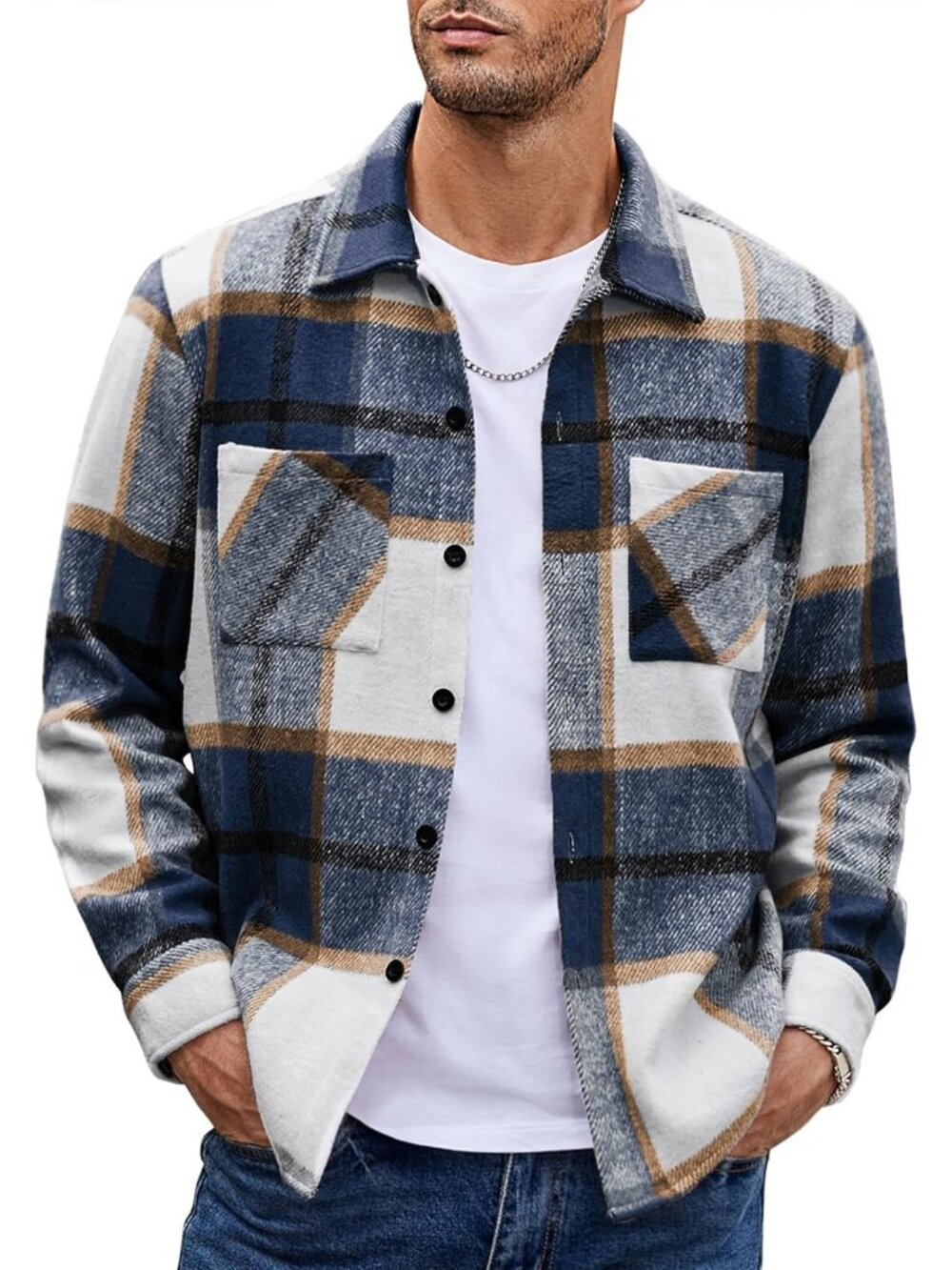 Men's Blue Polyester Plaid Long Sleeve Casual Stylish Button Down Plaid Shirt